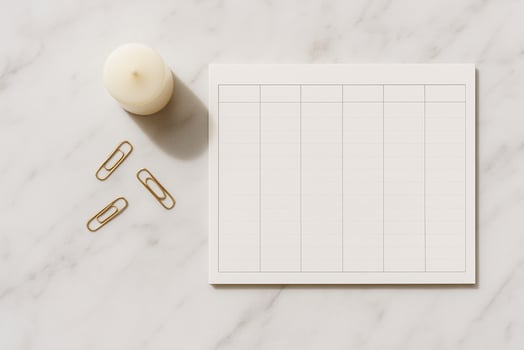 Minimal planner mockup on white marble blank grid sheet with stack of cards, gold paper clips and a small candle. Soft light, clean shadows, top view, copy space. photo
