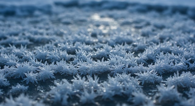 Close Up of Frosted Snowflakes on Cold Surface in Winter Scene photo