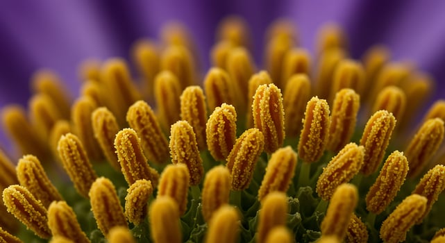 Close Up of Bright Yellow Flower Stamens with Purple Petals in Background photo