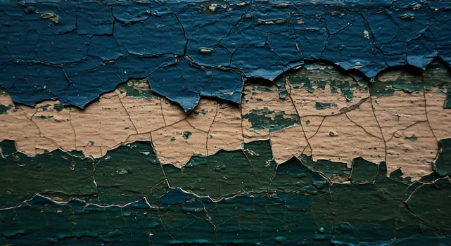 Close Up of Cracked Peeling Paint on Weathered Wooden Surface in Blue Beige Green Tones photo