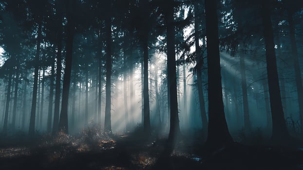 Ethereal sunbeams shining through a dark, misty coniferous forest photo