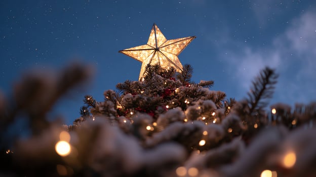 A glowing star atop a snow-covered Christmas tree. photo