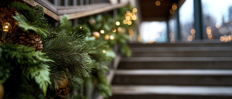 Festive greenery adorning a stairway during winter. photo