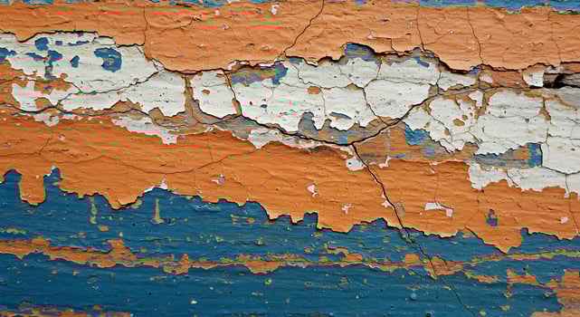 Close-up of Peeling Blue and Orange Paint on Weathered Wood Surface photo
