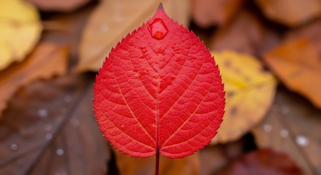 A vibrant red autumn leaf with a water droplet, showcasing the beauty of the fall season photo