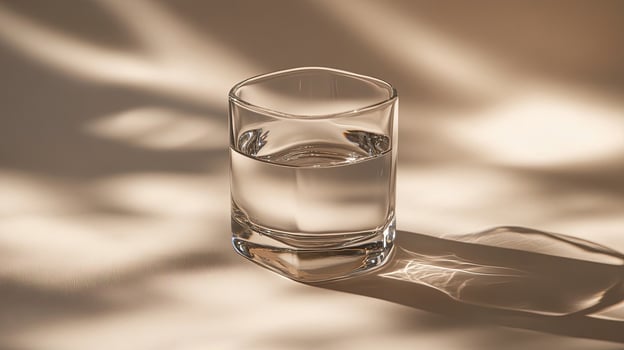 Clear water glistens inside a square glass, casting a wavy shadow on a beige surface photo