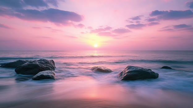 Soft pastel light graces the shore at dawn over calm water and rocks photo