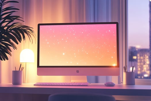 Pink computer displays starry sky near lamp, foliage, and rainy window transparent background photo