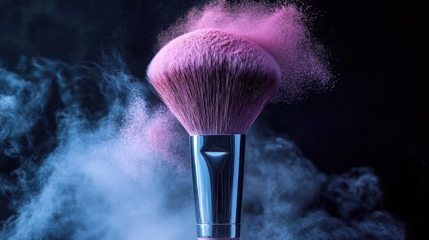 Pink powder bursts from a makeup brush against a dark background, creating a cloudy effect photo