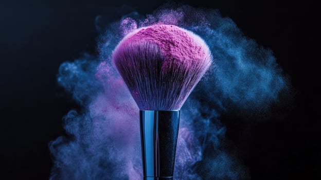 Makeup brush surrounded by a vibrant cloud of pink and blue powder against black backdrop photo