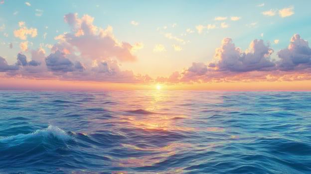 Golden sunset reflects upon a blue ocean beneath soft clouds, showcasing the water ripples photo