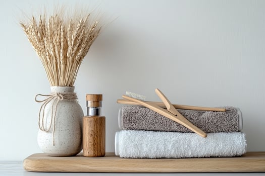 Wheat stands tall in a vase, alongside towel stacks and wooden brushes on a board photo