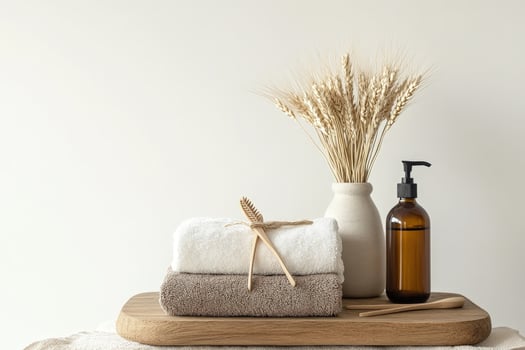 Stacked towels, beige vase, brown glass bottle, and wooden utensils display understated wellness elegance photo