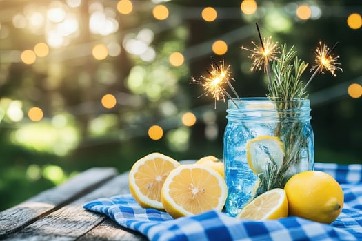 Lit sparklers and rosemary accent a mason jar of blue ice water with sliced lemons photo