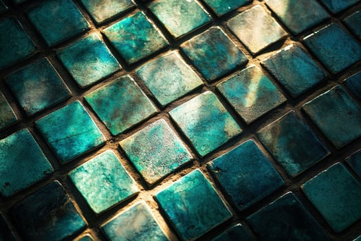 Square ceramic tiles with mottled turquoise and blue surface create a captivating textured arrangement photo