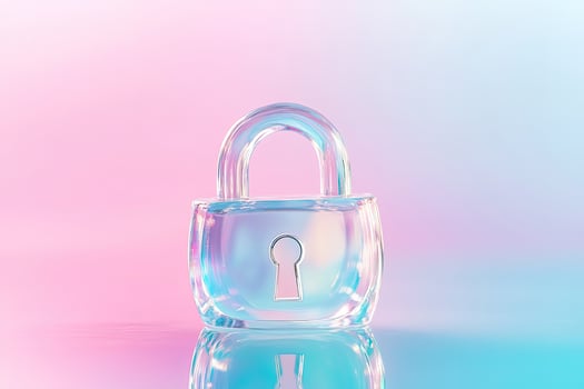 Iridescent glass padlock sits against a colorful gradient backdrop, reflecting subtly on the surface photo