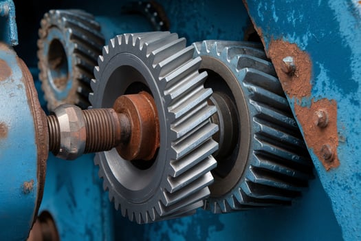 Close up of metal gears interlocking with a blue industrial background. photo