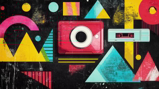 Geometric shapes, including a red camera and cassette tape, create an abstract composition on black photo