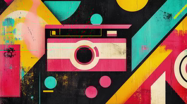 Abstract pink camera stands out amidst the vibrant teal, yellow, and black painted composition photo