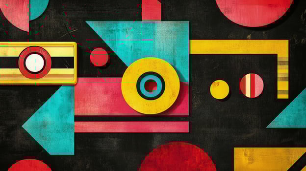 Bold geometric forms in red, yellow, and turquoise rest upon a textured black surface photo