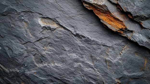 Abstract textural gray stone surface shows some layers colored golden brown and with jagged edges photo