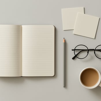 Open lined notebook, pencil, glasses, coffee and sticky notes on neutral desk, minimal workspace photo