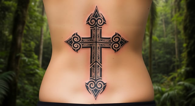 Bold Black Celtic Cross Tattoo on Fair Male Abdomen in Forest Setting photo