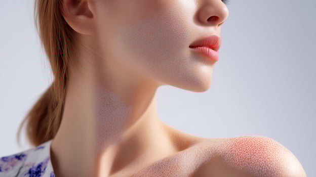 Artificial skin regeneration technology for medical transplantation. Advanced tissue engineering showing synthetic cellular structure on human face and neck for regenerative medicine. photo