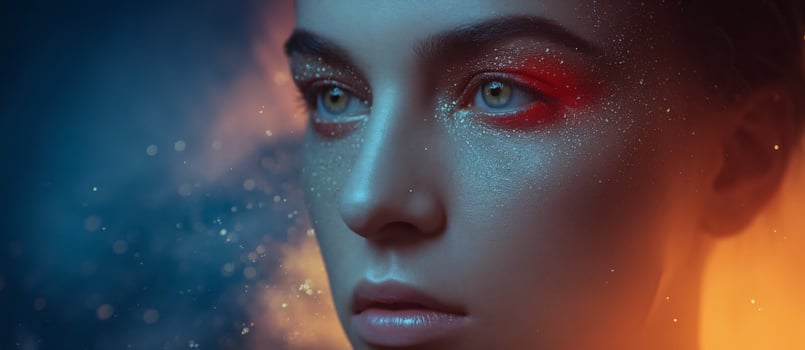 Close up of a young woman with striking makeup and vibrant colors illuminating her face. photo