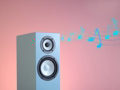 Modern speaker with musical notes, creating a vibrant and lively atmosphere of sound and emotion. photo