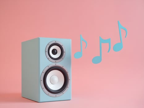 A pastel blue speaker against a pink backdrop, emitting colorful notes, symbolizing joy and music. photo