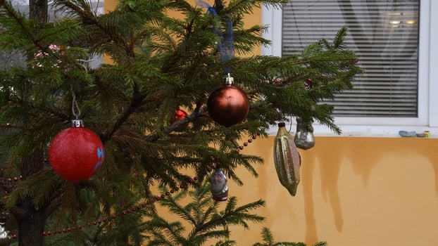 Retro baubles and red Christmas balls on Christmas tree at backyard of yellow house photo