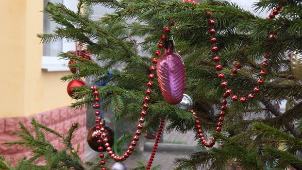 Vintage glass baubles and red Christmas balls on Christmas tree at backyard of yellow house photo