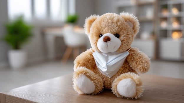 A teddy bear sitting on a table with a white bandana photo
