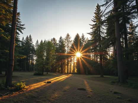 unrise through trees casting shadows on forest floor photo