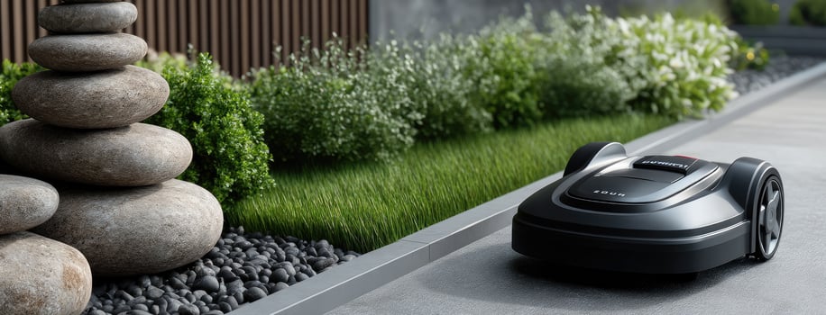 A robotic lawn mower is shown in front of a garden photo