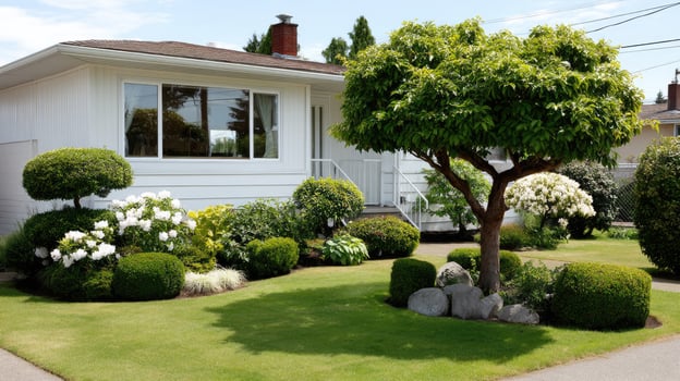 A house with a lawn and shrubs in front of it photo