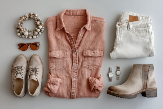 A pink shirt, white jeans, shoes and accessories photo