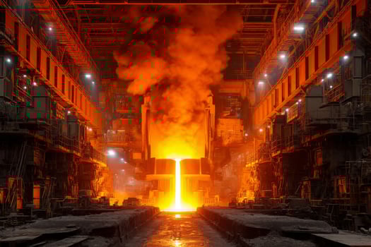 A large steel mill with molten metal pouring out photo