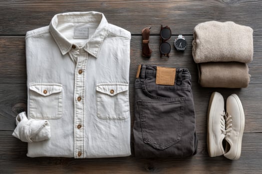 Mens clothing laid out on a wooden table photo