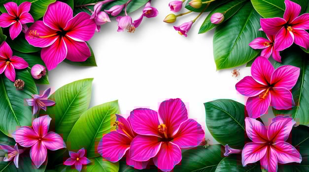 Pink flowers and leaves are arranged in a circle photo