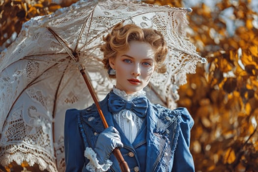 A woman in a blue dress holding an umbrella photo