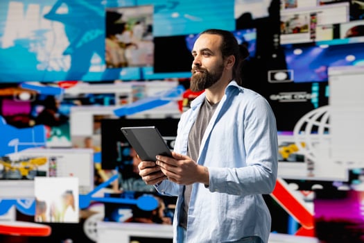 Digital lifestyle of a trend setter navigating real time notifications, enjoying live stream interaction and creative content in a modern virtual social network environment. Online presence. photo