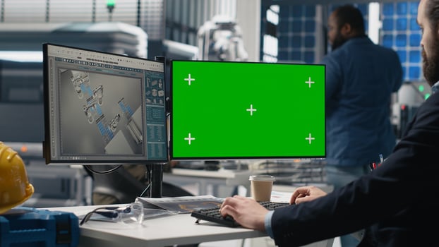 Sustainability expert evaluates solar panel systems next to mockup, working on production line in a modern industrial facility. Guiding operations toward clean energy efficiency. Camera B. photo