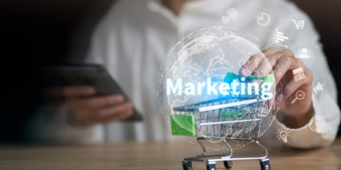 Digital marketing and e-commerce concept with a miniature shopping cart, globe hologram, and online business icons, symbolizing global sales, brand promotion, and customer engagement. photo