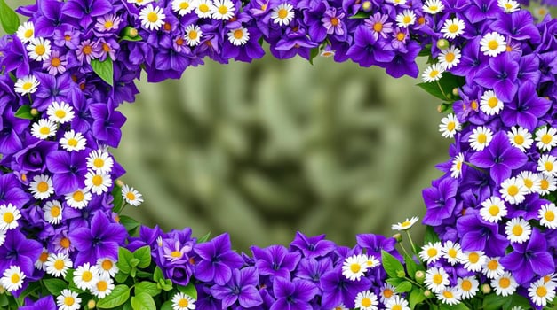 Purple flowers in a frame with a green background photo