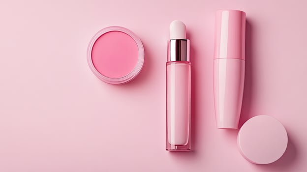Assorted light pink containers including blush and skincare bottles arranged on a pastel surface photo