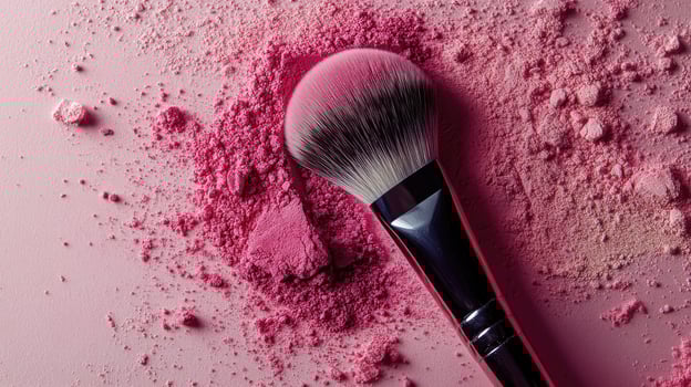 A makeup brush lays among pink powder scattered across a light pink surface photo