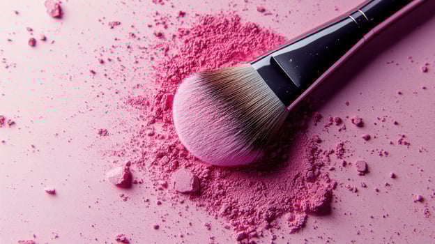 Cosmetic brush rests amidst pink powder, creating an artistic makeup in soft lighting photo