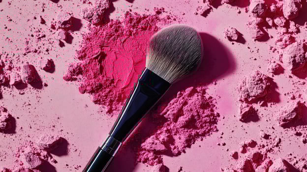 Makeup brush rests amidst shattered bright pink powder against a subtly textured matching background photo